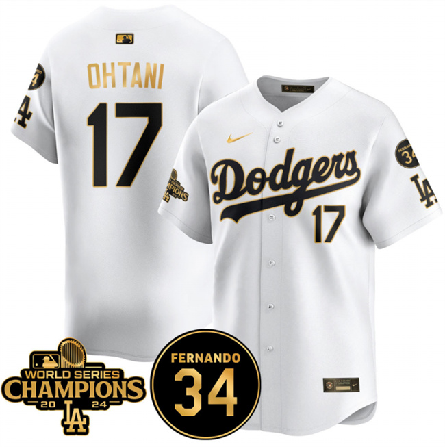 Men's Los Angeles Dodgers #17 Shohei Ohtani White Gold 2024 World Series Champions & Fernando Memorial Patch Vapor Premier Limited Stitched Baseball Jersey Men's Los Angeles Dodgers #17 Shohei Ohtani White Gold 2024 World Series Champions & Fernando Memorial Patch Vapor Premier Limited Stitched Baseball Jersey