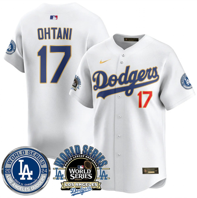 Men's Los Angeles Dodgers #17 Shohei Ohtani White 2024 World Series Patch Vapor Premier Limited Stitched Baseball Jersey Men's Los Angeles Dodgers #17 Shohei Ohtani White 2024 World Series Patch Vapor Premier Limited Stitched Baseball Jersey