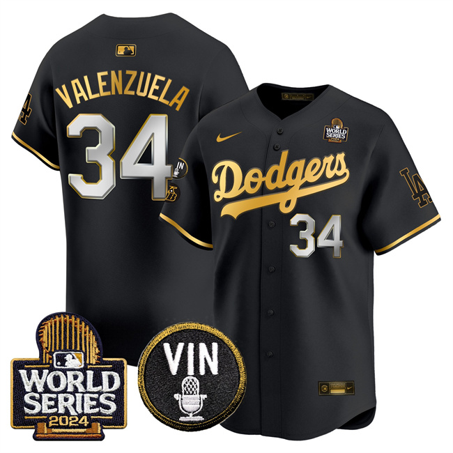 Men's Los Angeles Dodgers #34 Toro Valenzuela Black Gold 2024 World Series With Vin & Kobe Patch Limited Stitched Baseball Jersey Men's Los Angeles Dodgers #34 Toro Valenzuela Black Gold 2024 World Series With Vin & Kobe Patch Limited Stitched Baseball Jersey