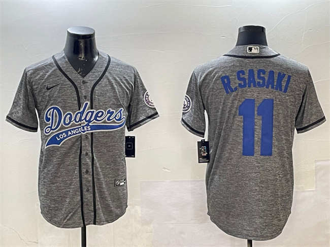 Men's Los Angeles Dodgers #11 Roki Sasaki Grey With Patch Cool Base Stitched Baseball Jersey Men's Los Angeles Dodgers #11 Roki Sasaki Grey With Patch Cool Base Stitched Baseball Jersey