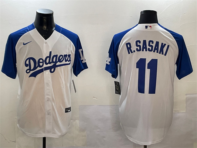 Men's Los Angeles Dodgers #11 Roki Sasaki White Blue Cool Base Stitched Baseball Jersey Men's Los Angeles Dodgers #11 Roki Sasaki White Blue Cool Base Stitched Baseball Jersey