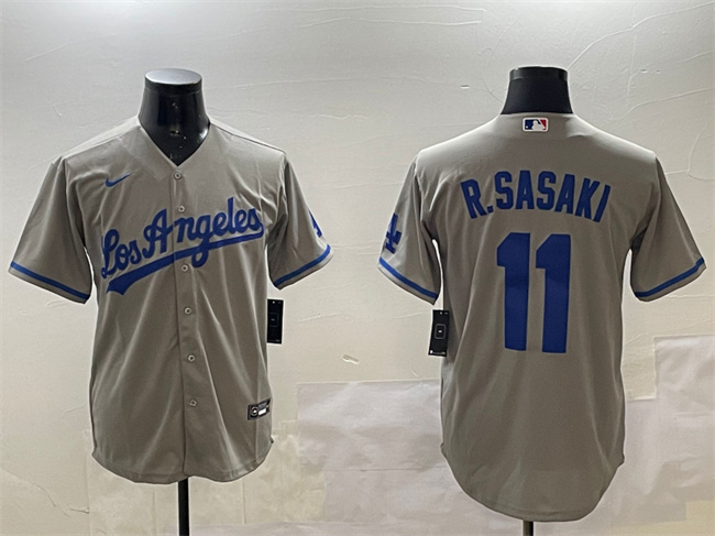 Men's Los Angeles Dodgers #11 Roki Sasaki Grey Cool Base Stitched Baseball Jersey 1 Men's Los Angeles Dodgers #11 Roki Sasaki Grey Cool Base Stitched Baseball Jersey 1