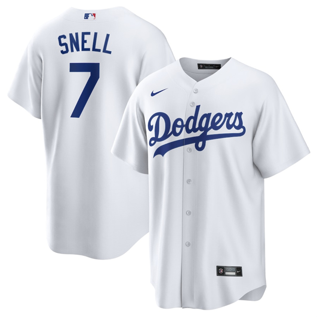 Men's Los Angeles Dodgers #7 Blake Snell White 2024 Cool Base Stitched Baseball Jersey Men's Los Angeles Dodgers #7 Blake Snell White 2024 Cool Base Stitched Baseball Jersey