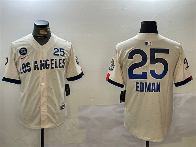 Men's Los Angeles Dodgers #25 Tommy Edman Cream 2024 World Series With Fernando Memorial Patch City Connect Limited Stitched Baseball Jersey Men's Los Angeles Dodgers #25 Tommy Edman Cream 2024 World Series With Fernando Memorial Patch City Connect Limited Stitched Baseball Jersey