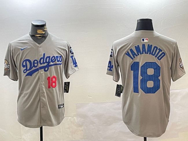 Men's Los Angeles Dodgers #18 Yoshinobu Yamamoto Grey 2024 World Series With Fernando Memorial Patch Limited Stitched Baseball Jersey Men's Los Angeles Dodgers #18 Yoshinobu Yamamoto Grey 2024 World Series With Fernando Memorial Patch Limited Stitched Baseball Jersey