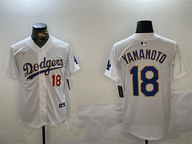 Men's Los Angeles Dodgers #18 Yoshinobu Yamamoto White Gold Home Limited Stitched Baseball Jersey Men's Los Angeles Dodgers #18 Yoshinobu Yamamoto White Gold Home Limited Stitched Baseball Jersey
