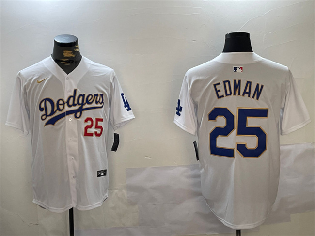 Men's Los Angeles Dodgers #25 Tommy Edman White Gold Home Limited Stitched Baseball Jersey Men's Los Angeles Dodgers #25 Tommy Edman White Gold Home Limited Stitched Baseball Jersey