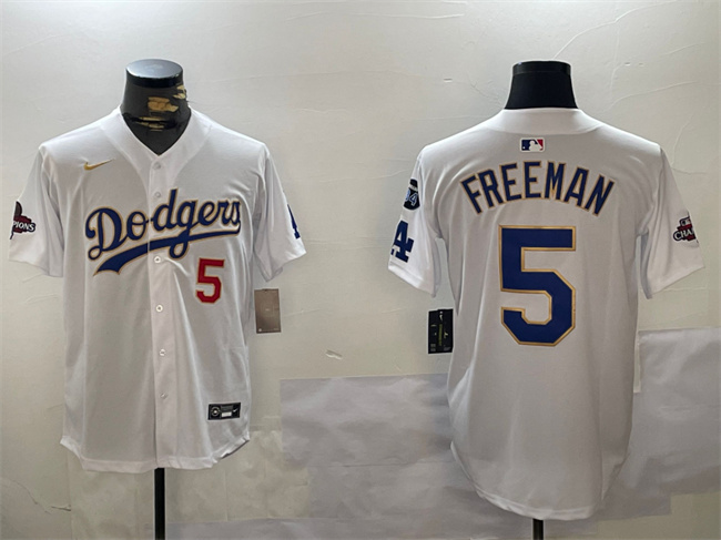 Men's Los Angeles Dodgers #5 Freddie Freeman White Gold 2024 World Series Champions With Fernando Memorial Patch Home Limited Stitched Baseball Jersey Men's Los Angeles Dodgers #5 Freddie Freeman White Gold 2024 World Series Champions With Fernando Memorial Patch Home Limited Stitched Baseball Jersey