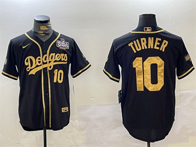 Men's Los Angeles Dodgers #10 Justin Turner Black Gold 2024 World Series Cool Base Stitched Baseball Jersey Men's Los Angeles Dodgers #10 Justin Turner Black Gold 2024 World Series Cool Base Stitched Baseball Jersey