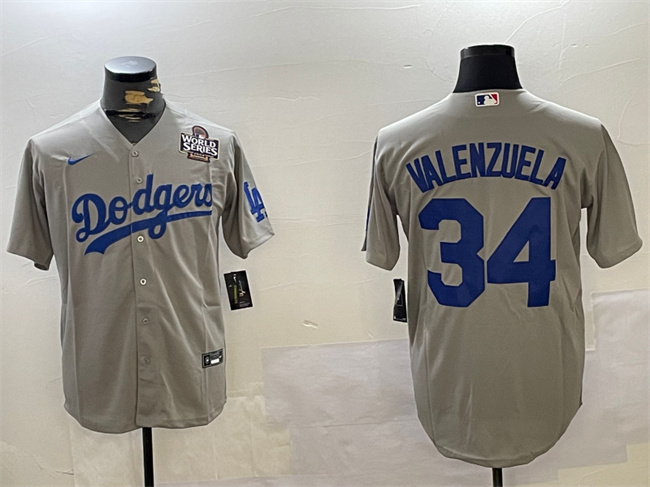 Men's Los Angeles Dodgers #34 Toro Valenzuela Grey 2024 World Series Cool Base Stitched Baseball Jersey Men's Los Angeles Dodgers #34 Toro Valenzuela Grey 2024 World Series Cool Base Stitched Baseball Jersey