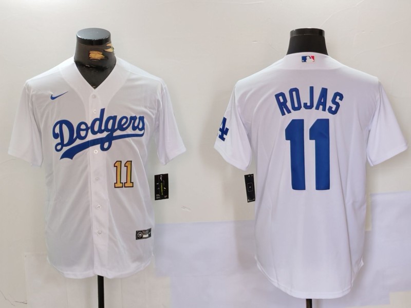 Men's Los Angeles Dodgers #11 Miguel Rojas White Cool Base Stitched Baseball Jersey 5 Men's Los Angeles Dodgers #11 Miguel Rojas White Cool Base Stitched Baseball Jersey 5