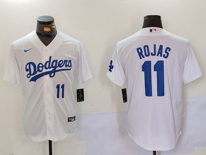 Men's Los Angeles Dodgers #11 Miguel Rojas White Cool Base Stitched Baseball Jersey 3 Men's Los Angeles Dodgers #11 Miguel Rojas White Cool Base Stitched Baseball Jersey 3