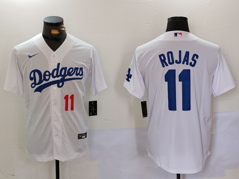 Men's Los Angeles Dodgers #11 Miguel Rojas White Cool Base Stitched Baseball Jersey 2 Men's Los Angeles Dodgers #11 Miguel Rojas White Cool Base Stitched Baseball Jersey 2