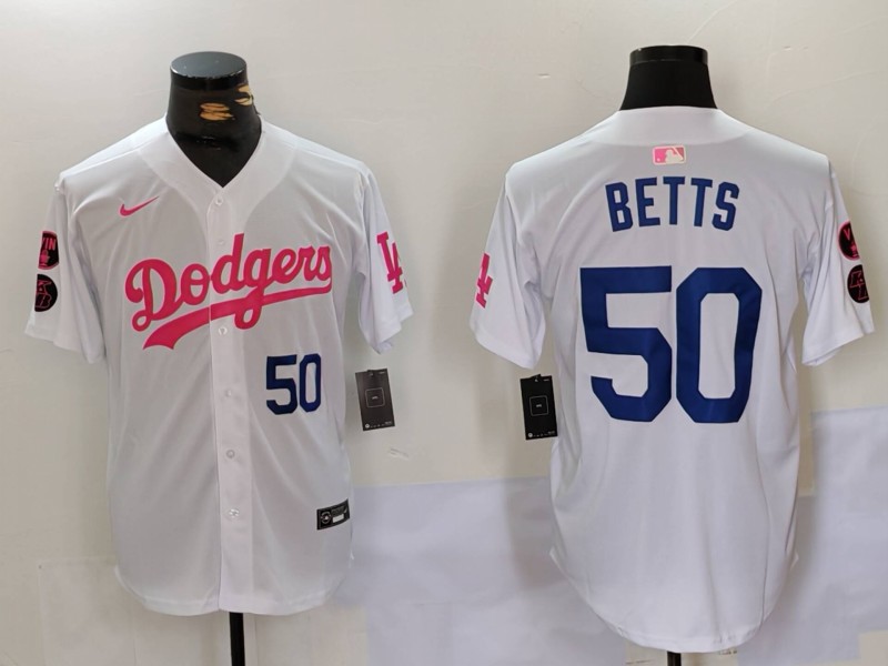 Men's Los Angeles Dodgers #50 Mookie Betts White Pink Vin & Kobe Patch Stitched Baseball Jerseys Men's Los Angeles Dodgers #50 Mookie Betts White Pink Vin & Kobe Patch Stitched Baseball Jerseys