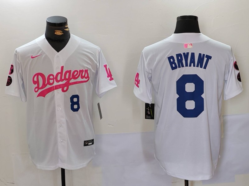 Men's Los Angeles Dodgers #8 Kobe Bryant White Pink Vin & Kobe Patch Stitched Baseball Jersey 5 Men's Los Angeles Dodgers #8 Kobe Bryant White Pink Vin & Kobe Patch Stitched Baseball Jersey 5