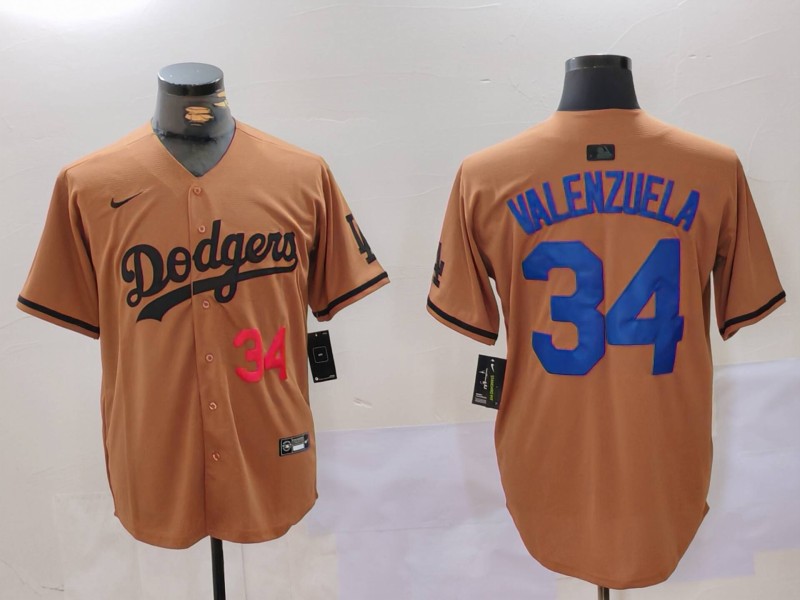 Men's Los Angeles Dodgers #34 Fernando Valenzuela Brown Cool Base Stitched Baseball Jersey 6 Men's Los Angeles Dodgers #34 Fernando Valenzuela Brown Cool Base Stitched Baseball Jersey 6