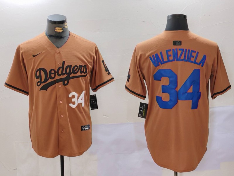 Men's Los Angeles Dodgers #34 Fernando Valenzuela Brown Cool Base Stitched Baseball Jersey 5 Men's Los Angeles Dodgers #34 Fernando Valenzuela Brown Cool Base Stitched Baseball Jersey 5