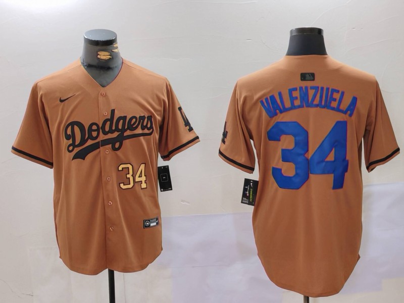 Men's Los Angeles Dodgers #34 Fernando Valenzuela Brown Cool Base Stitched Baseball Jersey 2 Men's Los Angeles Dodgers #34 Fernando Valenzuela Brown Cool Base Stitched Baseball Jersey 2