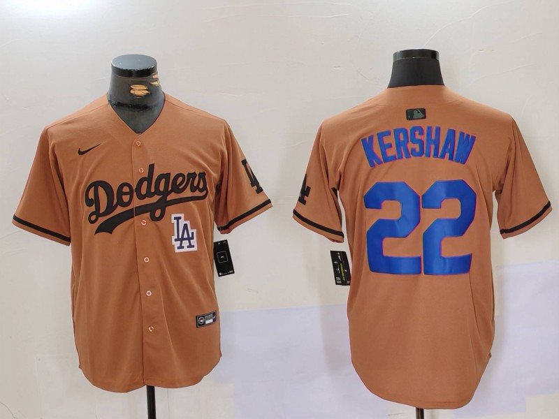Men's Los Angeles Dodgers #22 22 Clayton Kershaw Brown Cool Base Stitched Baseball Jersey 3 Men's Los Angeles Dodgers #22 22 Clayton Kershaw Brown Cool Base Stitched Baseball Jersey 3
