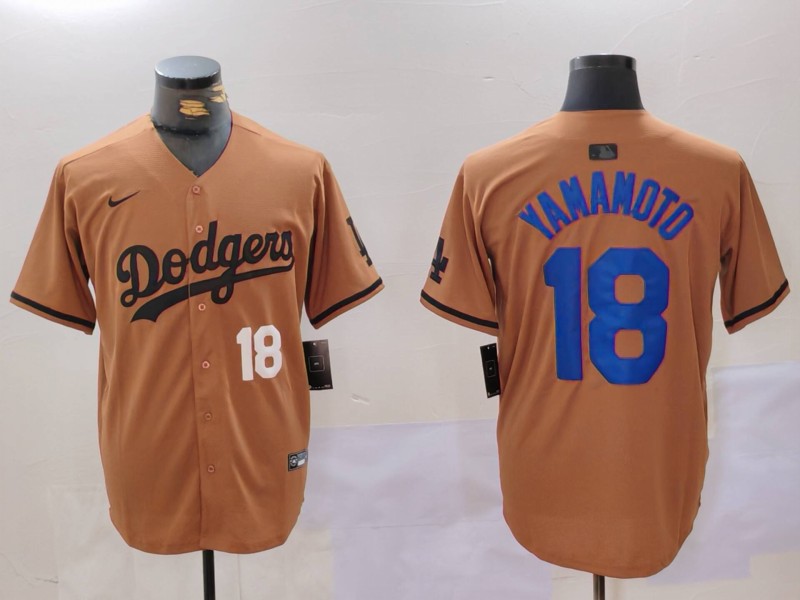 Men's Los Angeles Dodgers #18 Yoshinobu Yamamoto Brown Cool Base Stitched Baseball Jersey 5 Men's Los Angeles Dodgers #18 Yoshinobu Yamamoto Brown Cool Base Stitched Baseball Jersey 5