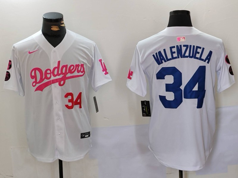 Men's Los Angeles Dodgers #34 Fernando Valenzuela White Pink Vin & Kobe Patch Stitched Baseball Jersey 3 Men's Los Angeles Dodgers #34 Fernando Valenzuela White Pink Vin & Kobe Patch Stitched Baseball Jersey 3