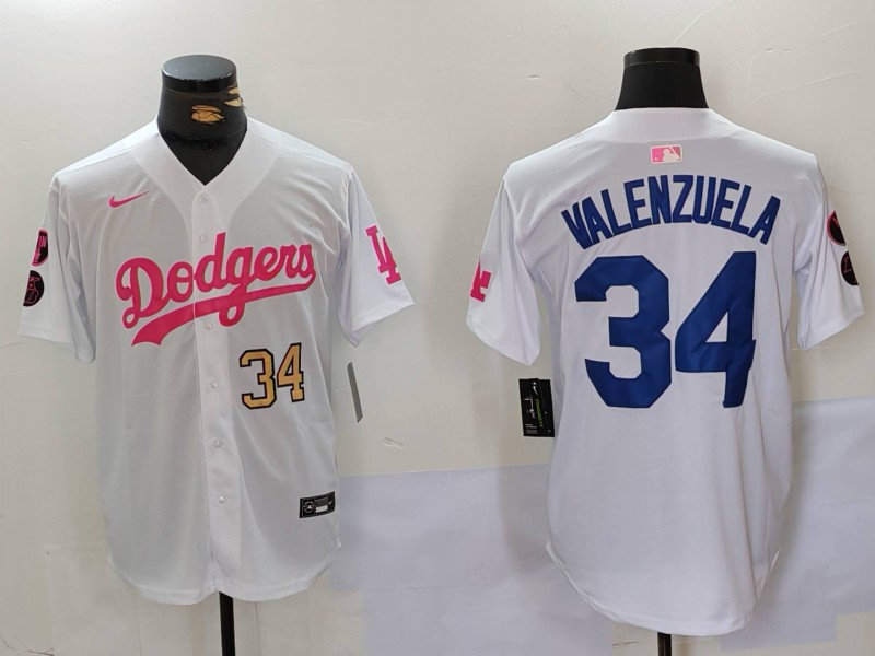Men's Los Angeles Dodgers #34 Fernando Valenzuela White Pink Vin & Kobe Patch Stitched Baseball Jersey 2 Men's Los Angeles Dodgers #34 Fernando Valenzuela White Pink Vin & Kobe Patch Stitched Baseball Jersey 2