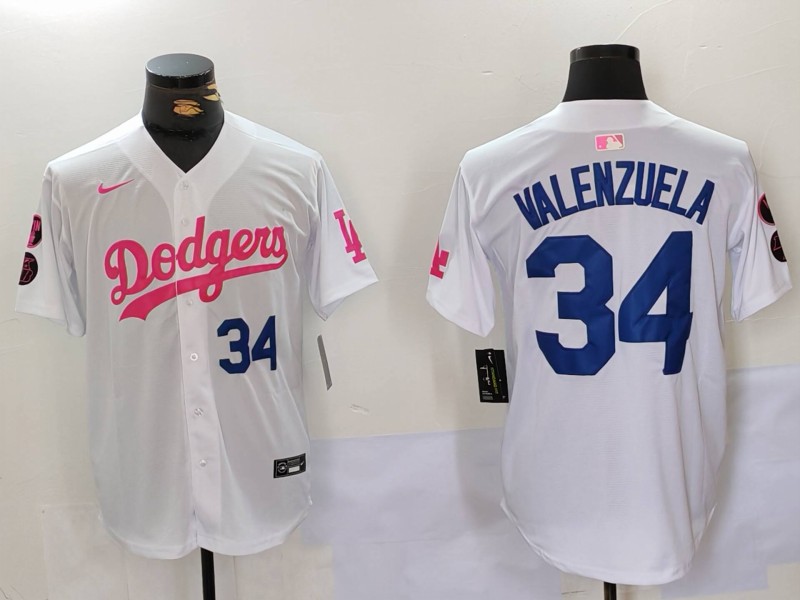 Men's Los Angeles Dodgers #34 Fernando Valenzuela White Pink Vin & Kobe Patch Stitched Baseball Jersey 1 Men's Los Angeles Dodgers #34 Fernando Valenzuela White Pink Vin & Kobe Patch Stitched Baseball Jersey 1