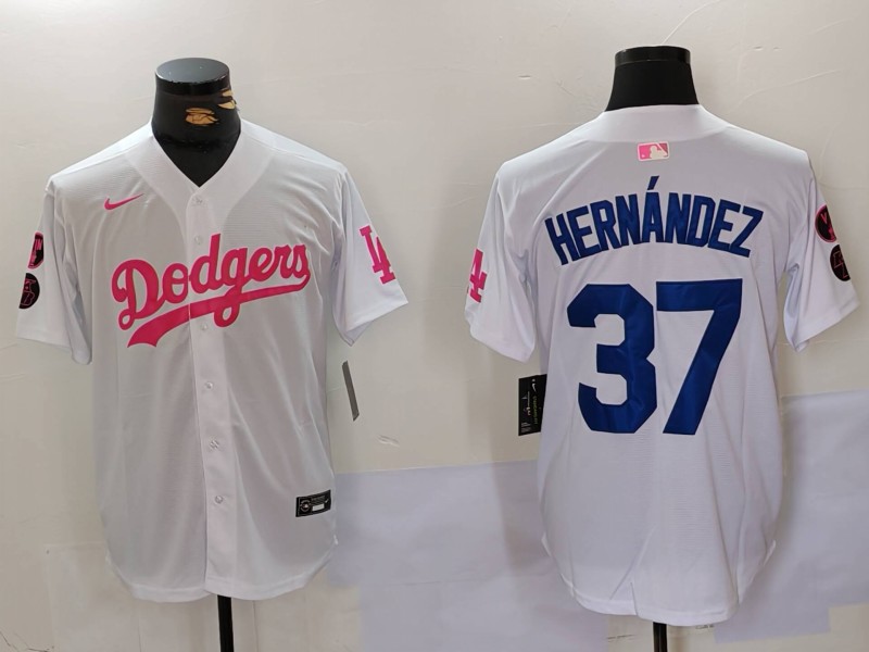 Men's Los Angeles Dodgers #37 Teoscar Hernández White Pink Vin & Kobe Patch Stitched Baseball Jersey 2 Men's Los Angeles Dodgers #37 Teoscar Hernández White Pink Vin & Kobe Patch Stitched Baseball Jersey 2