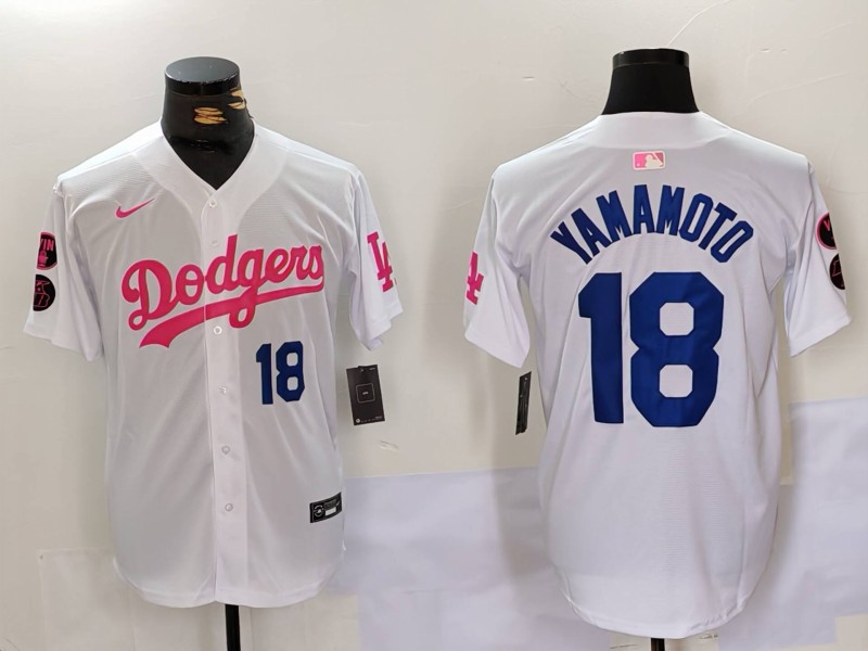 Men's Los Angeles Dodgers #18 Yoshinobu Yamamoto White Pink Vin & Kobe Patch Stitched Baseball Jersey 1 Men's Los Angeles Dodgers #18 Yoshinobu Yamamoto White Pink Vin & Kobe Patch Stitched Baseball Jersey 1