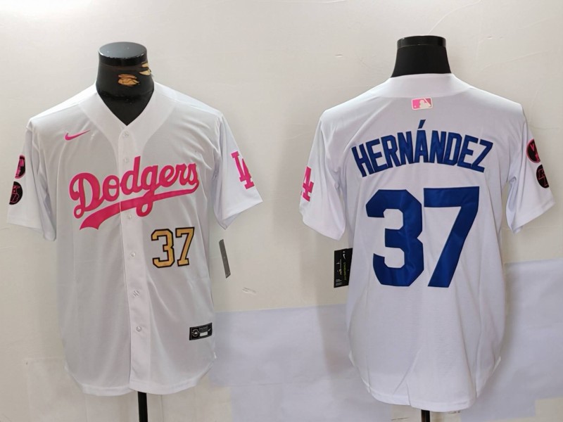 Men's Los Angeles Dodgers #37 Teoscar Hernández White Pink Vin & Kobe Patch Stitched Baseball Jersey Men's Los Angeles Dodgers #37 Teoscar Hernández White Pink Vin & Kobe Patch Stitched Baseball Jersey