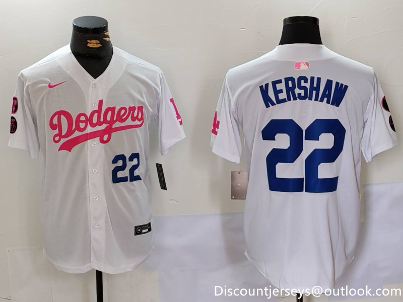Men's Los Angeles Dodgers #22 Clayton Kershaw White Pink Vin & Kobe Patch Stitched Baseball Jersey 1 Men's Los Angeles Dodgers #22 Clayton Kershaw White Pink Vin & Kobe Patch Stitched Baseball Jersey 1