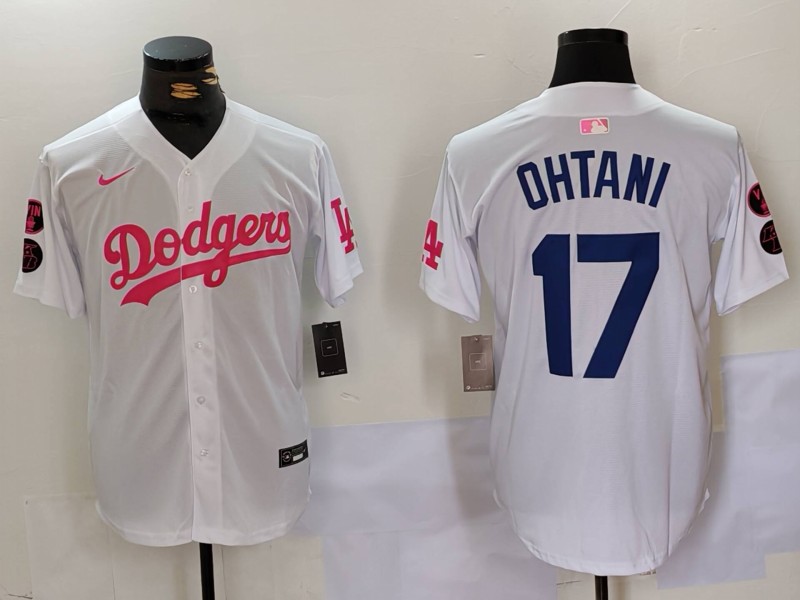 Men's Los Angeles Dodgers #17 Shohei Ohtani White Pink Vin & Kobe Patch Stitched Baseball Jersey 3 Men's Los Angeles Dodgers #17 Shohei Ohtani White Pink Vin & Kobe Patch Stitched Baseball Jersey 3