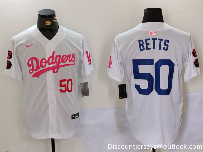 Men's Los Angeles Dodgers #50 Mookie Betts White Pink Vin & Kobe Patch Stitched Baseball Jersey 5 Men's Los Angeles Dodgers #50 Mookie Betts White Pink Vin & Kobe Patch Stitched Baseball Jersey 5
