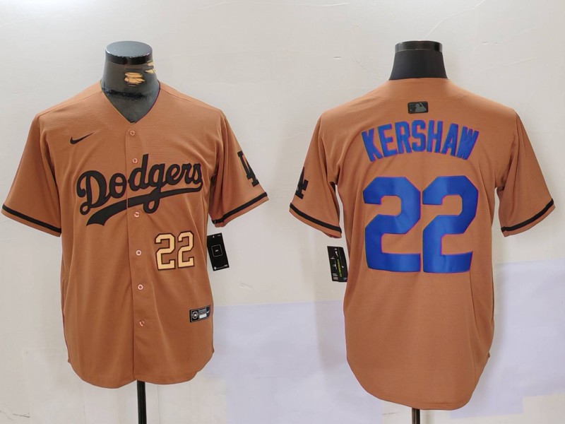 Men's Los Angeles Dodgers #22 22 Clayton Kershaw Brown Cool Base Stitched Baseball Jersey Men's Los Angeles Dodgers #22 22 Clayton Kershaw Brown Cool Base Stitched Baseball Jersey