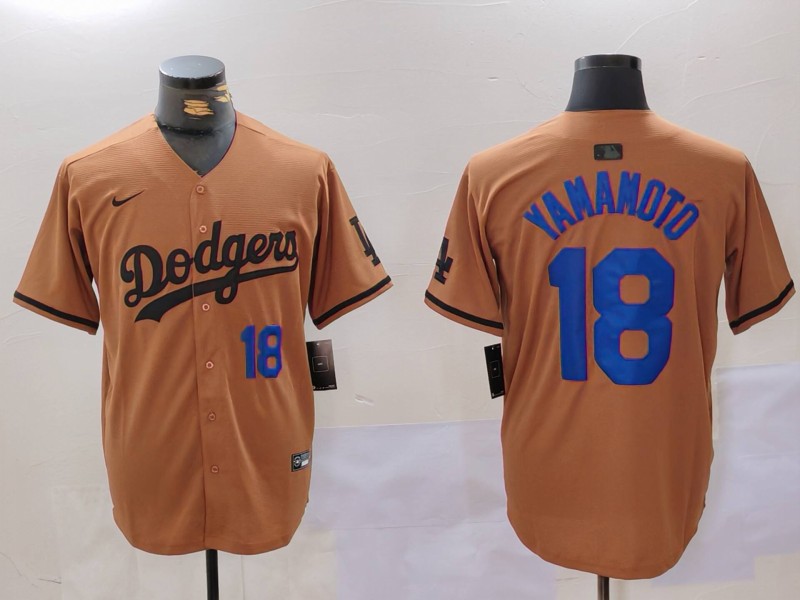 Men's Los Angeles Dodgers #18 Yoshinobu Yamamoto Brown Cool Base Stitched Baseball Jersey Men's Los Angeles Dodgers #18 Yoshinobu Yamamoto Brown Cool Base Stitched Baseball Jersey