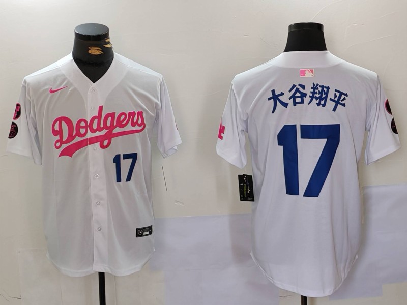 Men's Los Angeles Dodgers #17 太谷翔平 White Pink Vin & Kobe Patch Stitched Baseball Jersey 1 Men's Los Angeles Dodgers #17 太谷翔平 White Pink Vin & Kobe Patch Stitched Baseball Jersey 1