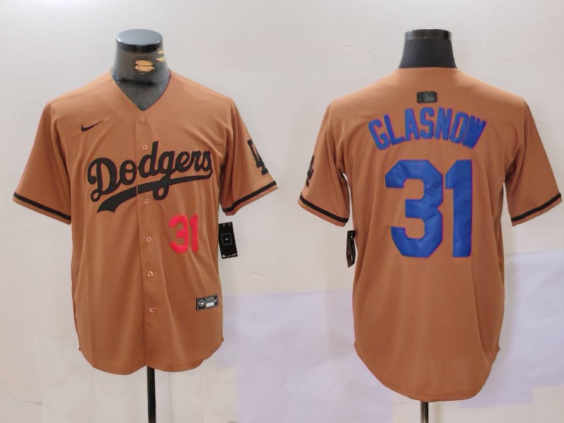 Men's Los Angeles Dodgers #31 Tyler Glasnow Brown Cool Base Stitched Baseball Jersey 3 Men's Los Angeles Dodgers #31 Tyler Glasnow Brown Cool Base Stitched Baseball Jersey 3