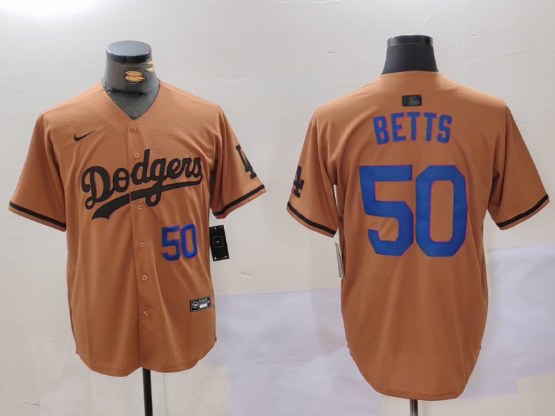Men's Los Angeles Dodgers #50 Mookie Betts Brown Cool Base Stitched Baseball Jersey 2 Men's Los Angeles Dodgers #50 Mookie Betts Brown Cool Base Stitched Baseball Jersey 2