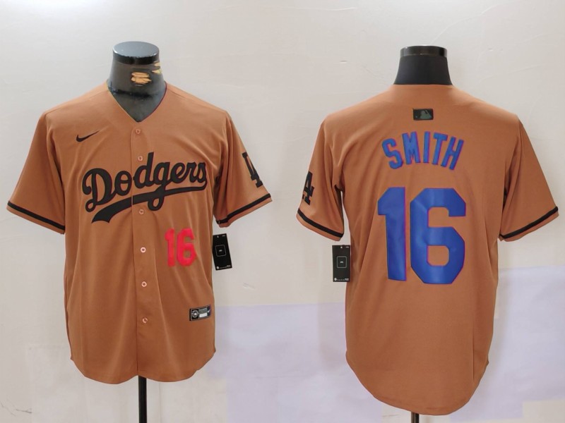 Men's Los Angeles Dodgers #16 Will Smith Brown Cool Base Stitched Baseball Jersey 5 Men's Los Angeles Dodgers #16 Will Smith Brown Cool Base Stitched Baseball Jersey 5