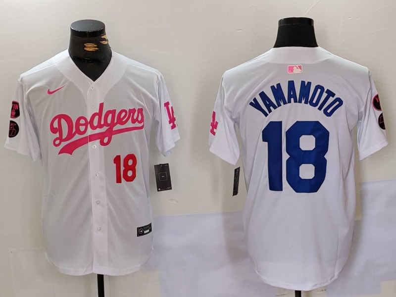 Men's Los Angeles Dodgers #18 Yoshinobu Yamamoto White Pink Vin & Kobe Patch Stitched Baseball Jersey 6 Men's Los Angeles Dodgers #18 Yoshinobu Yamamoto White Pink Vin & Kobe Patch Stitched Baseball Jersey 6