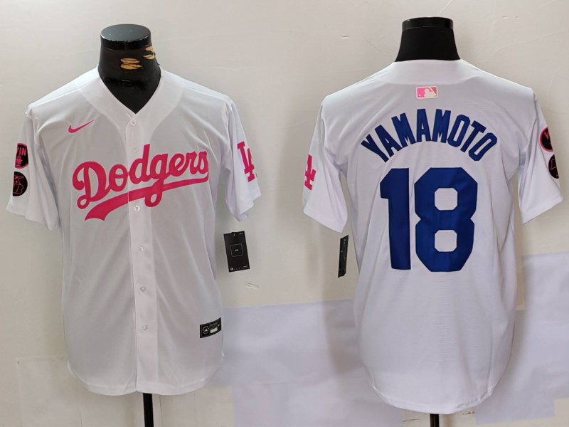 Men's Los Angeles Dodgers #18 Yoshinobu Yamamoto White Pink Vin & Kobe Patch Stitched Baseball Jersey 5 Men's Los Angeles Dodgers #18 Yoshinobu Yamamoto White Pink Vin & Kobe Patch Stitched Baseball Jersey 5