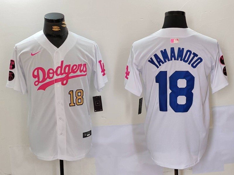 Men's Los Angeles Dodgers #18 Yoshinobu Yamamoto White Pink Vin & Kobe Patch Stitched Baseball Jersey 3 Men's Los Angeles Dodgers #18 Yoshinobu Yamamoto White Pink Vin & Kobe Patch Stitched Baseball Jersey 3