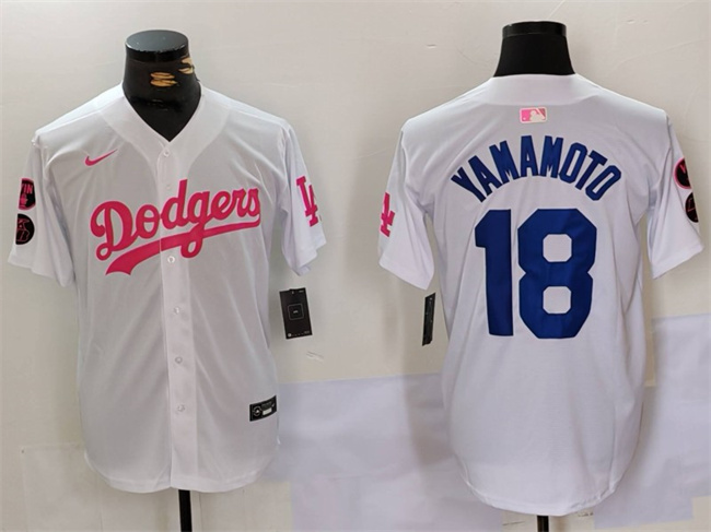Men's Los Angeles Dodgers #18 Yoshinobu Yamamoto White Pink Vin & Kobe Patch Stitched Baseball Jersey Men's Los Angeles Dodgers #18 Yoshinobu Yamamoto White Pink Vin & Kobe Patch Stitched Baseball Jersey