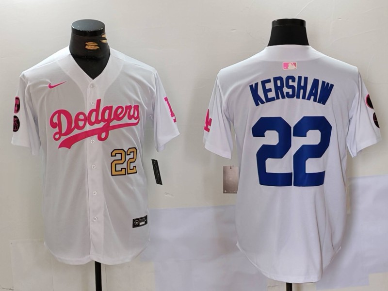 Men's Los Angeles Dodgers #22 Clayton Kershaw White Pink Vin & Kobe Patch Stitched Baseball Jersey 8 Men's Los Angeles Dodgers #22 Clayton Kershaw White Pink Vin & Kobe Patch Stitched Baseball Jersey 8