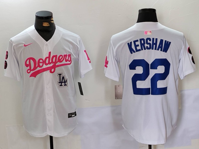 Men's Los Angeles Dodgers #22 Clayton Kershaw White Pink Vin & Kobe Patch Stitched Baseball Jersey 5 Men's Los Angeles Dodgers #22 Clayton Kershaw White Pink Vin & Kobe Patch Stitched Baseball Jersey 5