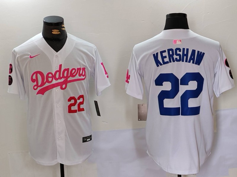 Men's Los Angeles Dodgers #22 Clayton Kershaw White Pink Vin & Kobe Patch Stitched Baseball Jersey 2 Men's Los Angeles Dodgers #22 Clayton Kershaw White Pink Vin & Kobe Patch Stitched Baseball Jersey 2