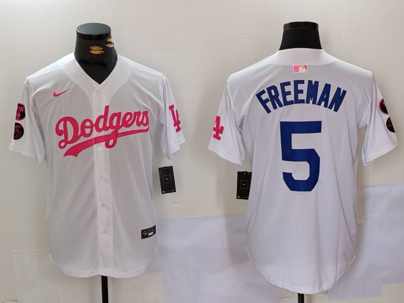 Men's Los Angeles Dodgers #5 Freddie Freeman White Pink Vin & Kobe Patch Stitched Baseball Jersey 6 Men's Los Angeles Dodgers #5 Freddie Freeman White Pink Vin & Kobe Patch Stitched Baseball Jersey 6