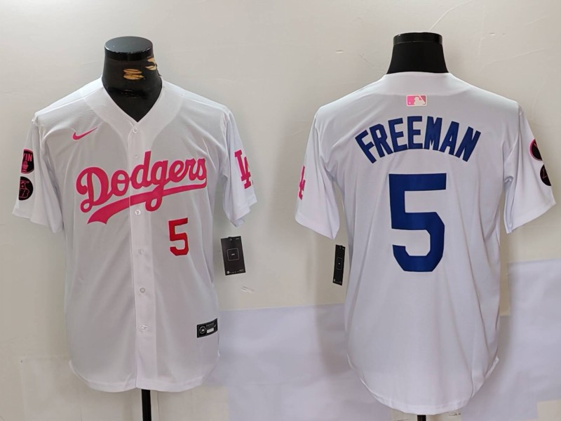 Men's Los Angeles Dodgers #5 Freddie Freeman White Pink Vin & Kobe Patch Stitched Baseball Jersey 3 Men's Los Angeles Dodgers #5 Freddie Freeman White Pink Vin & Kobe Patch Stitched Baseball Jersey 3
