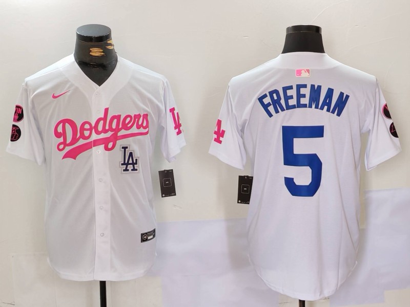 Men's Los Angeles Dodgers #5 Freddie Freeman White Pink Vin & Kobe Patch Stitched Baseball Jersey 1 Men's Los Angeles Dodgers #5 Freddie Freeman White Pink Vin & Kobe Patch Stitched Baseball Jersey 1
