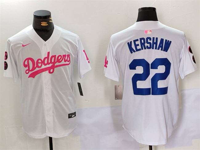Men's Los Angeles Dodgers #22 Clayton Kershaw White Pink Vin & Kobe Patch Stitched Baseball Jersey Men's Los Angeles Dodgers #22 Clayton Kershaw White Pink Vin & Kobe Patch Stitched Baseball Jersey